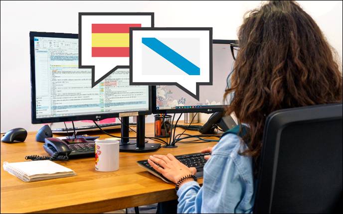 Traductor de gallego trabajando en la traducción de español a gallego de un documento. 